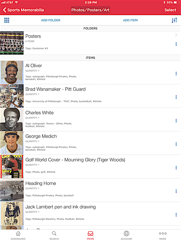 A screenshot of an app used to inventory baseball cards.