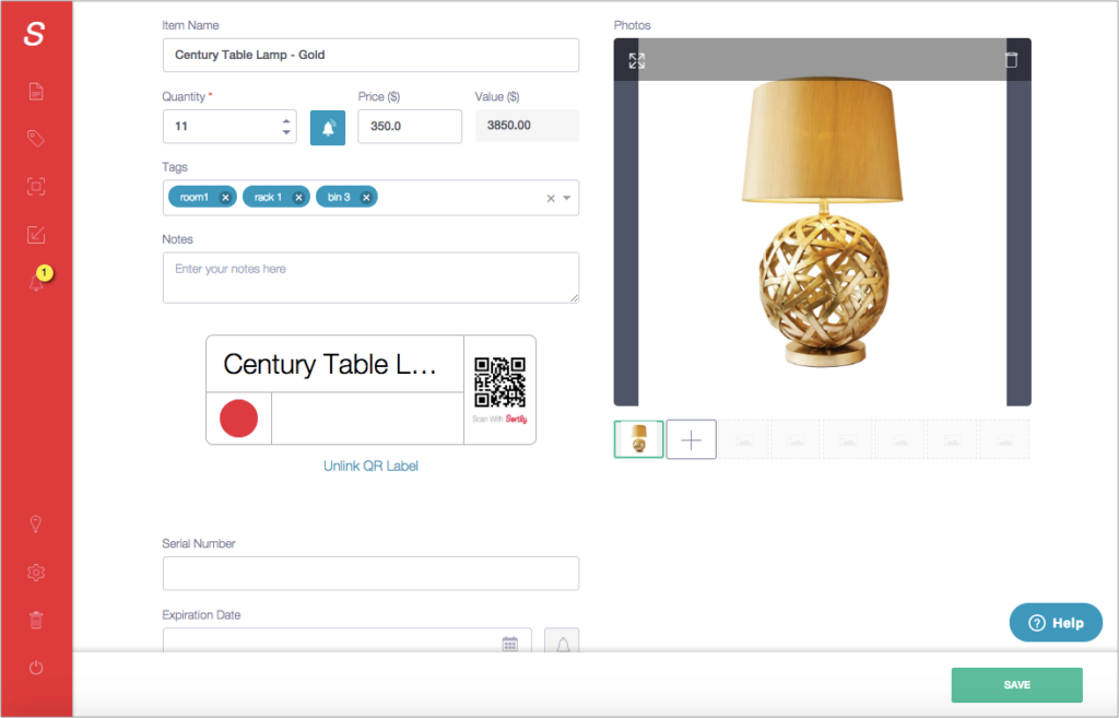 Details about a century table lamp are edited within an inventory management app.