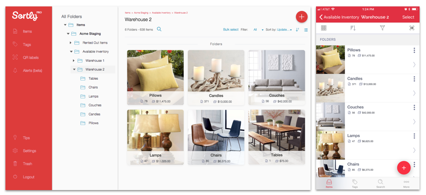 A design inventory management app shows folders of different items, like pillows, candles and couches. Values and quantities are shown.