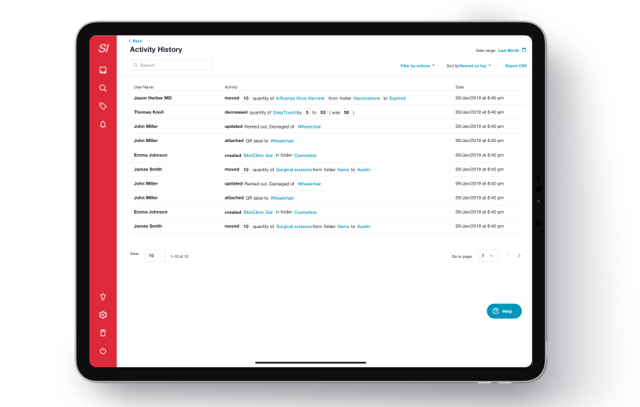 Activity history of team members is visualized on inventory management software.