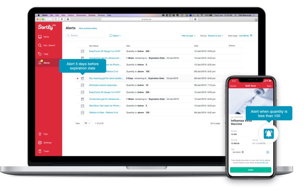 Customized medical inventory alerts are managed and displayed on a laptop and a smartphone.
