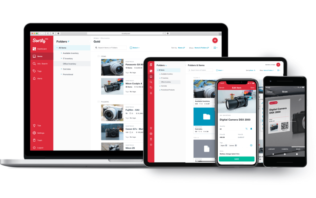 Sortly inventory management software is displayed on a computer, tablet and smartphone.