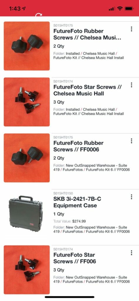 Equipment inventory on an app.