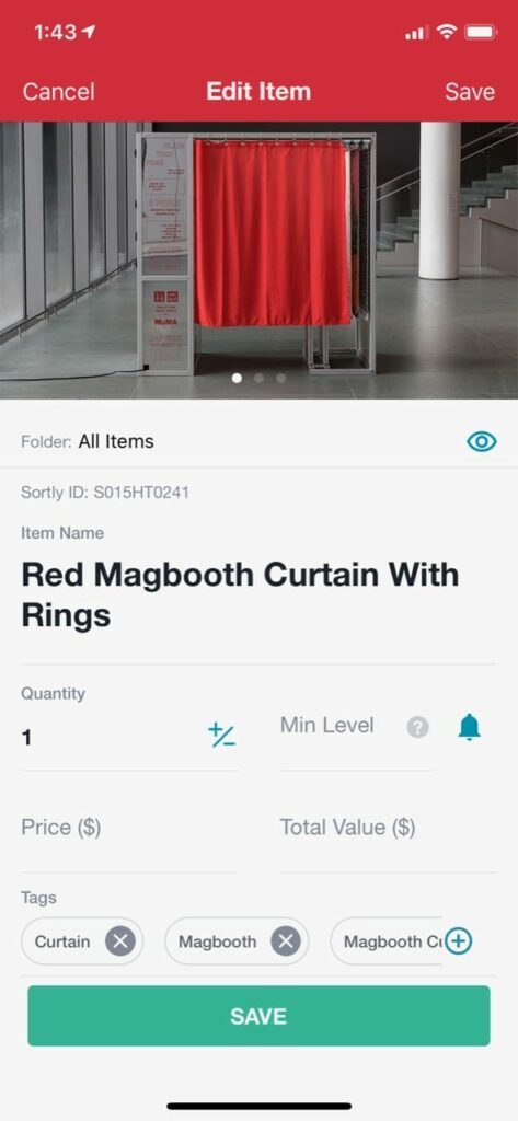 Photography equipment on an inventory app.